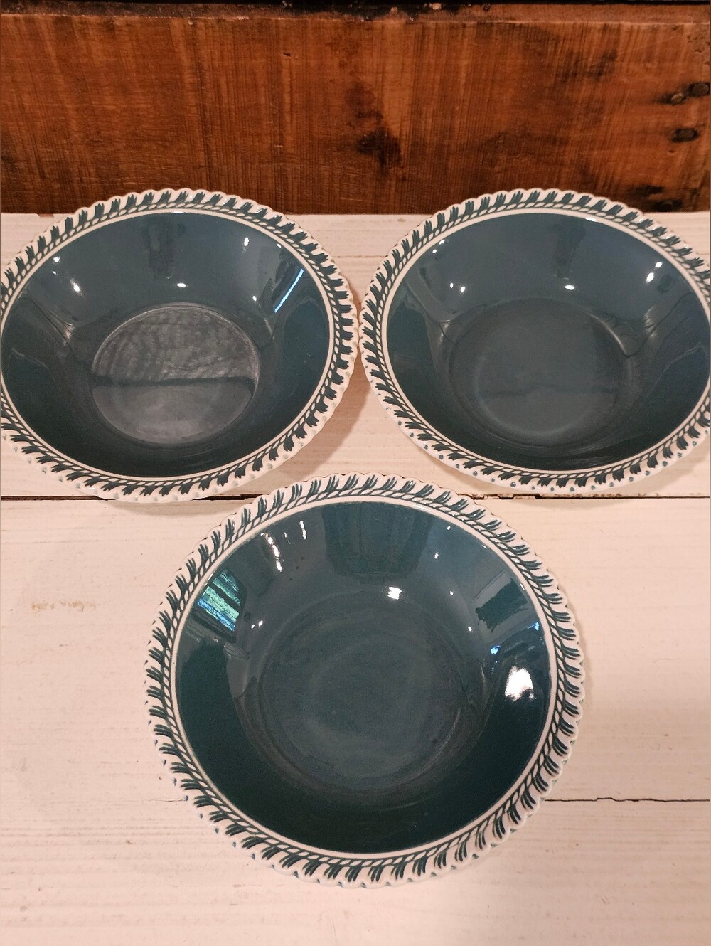 Set Of 3 Vintage '50's MCM Harker Pottery Corinthian Green Soup/Cereal Bowls 6"